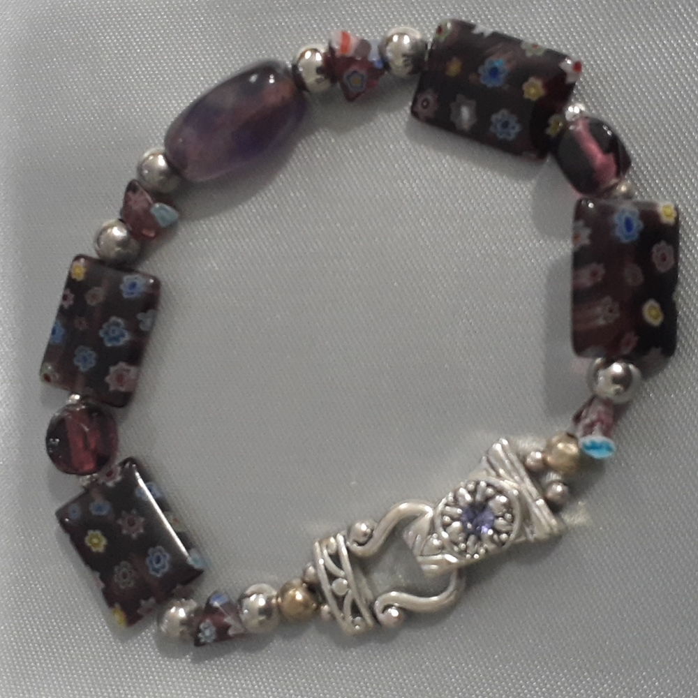 Hand Crafted Millefiori Bead Amethyst Swarovski Crystal Bracelet Purple